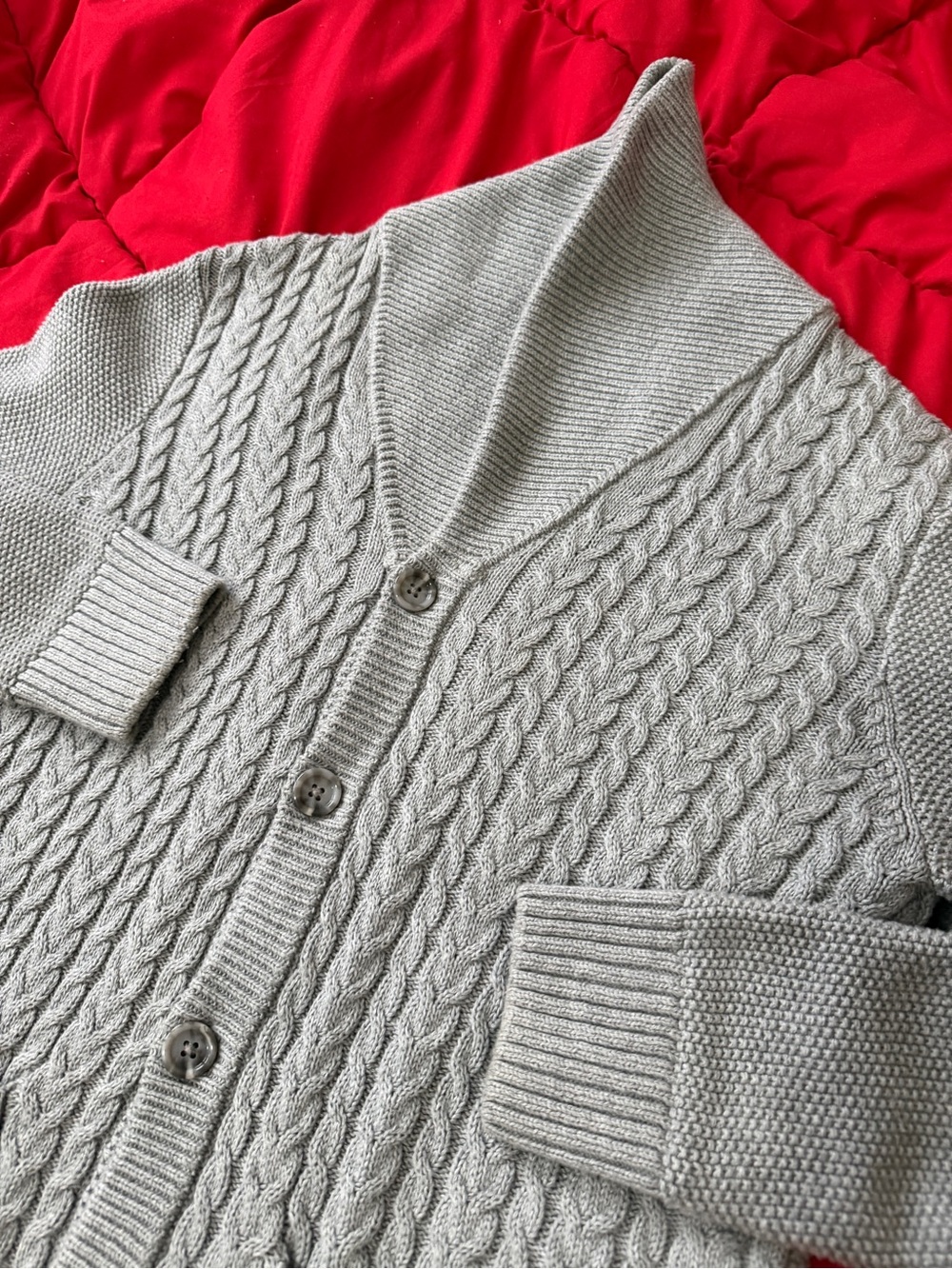 Men's Cable Knit Shawl Collar Cardigan Sweater - Light Gray